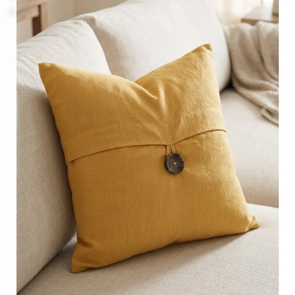 Pottery Barn Mustard Yellow Linen Single button Pillow cover 18” x 18”
